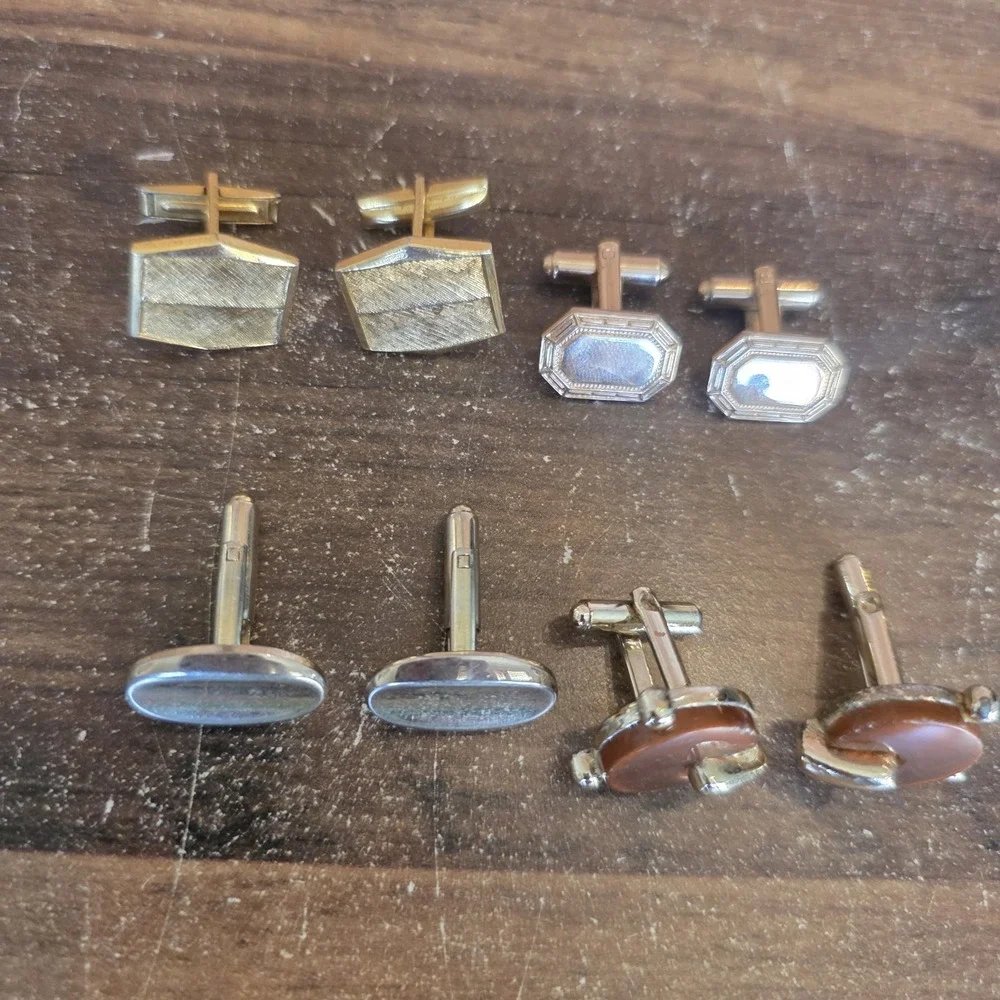 Assorted Cuff Links Lot of 4 Sets Gold Tone Silver Tone Oval Square Round Shapes